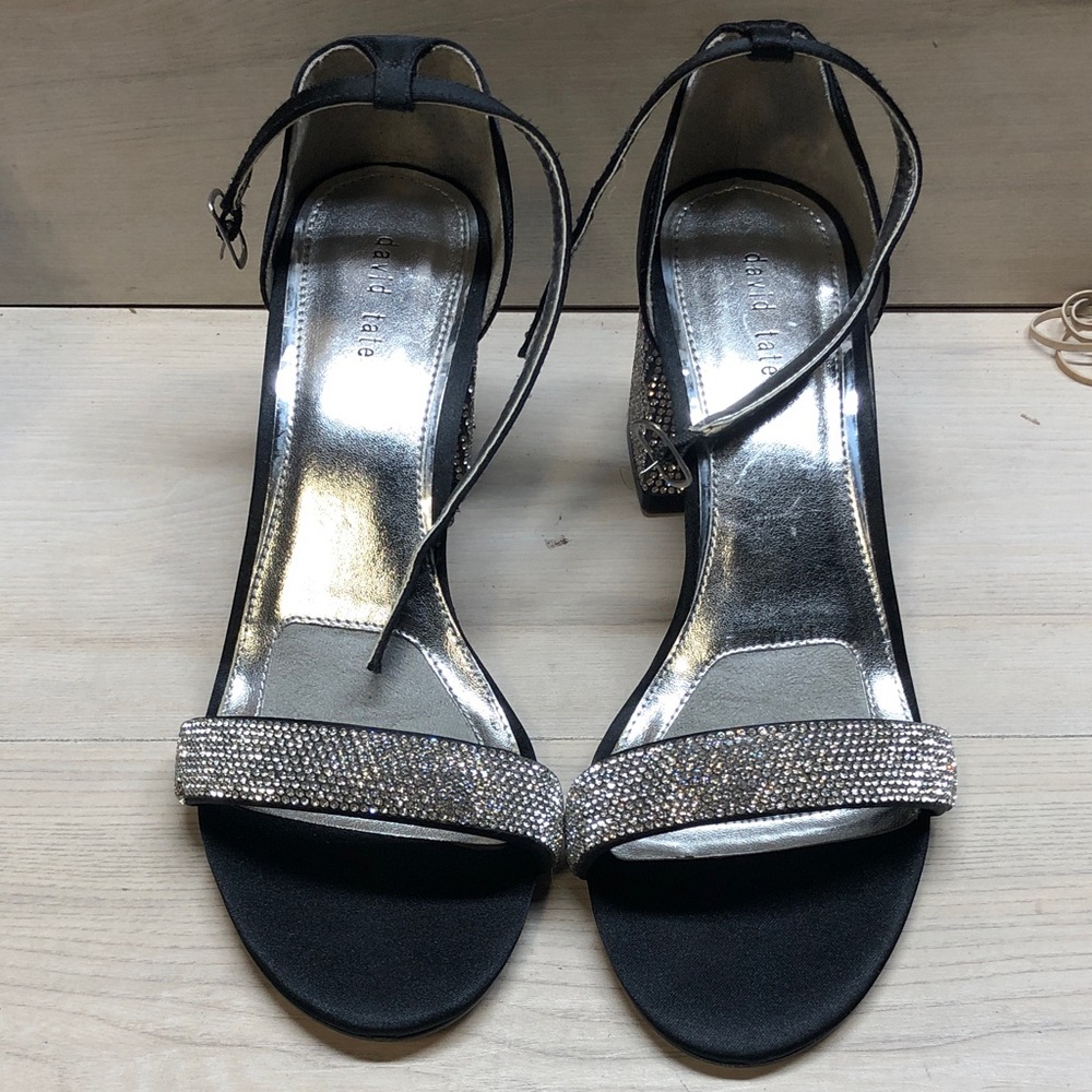 David Tate Black Heels with Silver Beaded Straps #1551